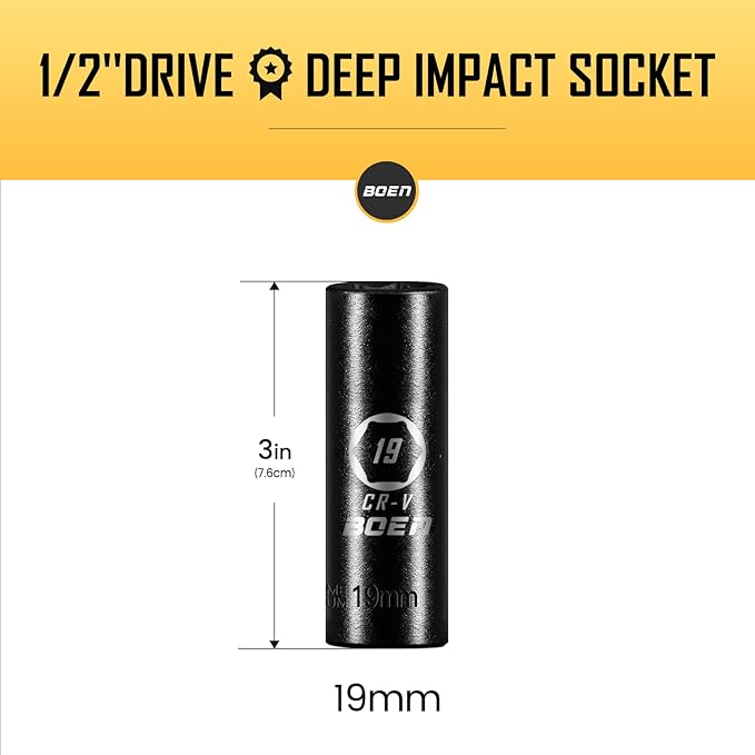 BOEN 1/2" Drive Deep Impact Sockets,Premium Impact Socket,19mm Socket,Metric,6 Point,Cr-V Steel with Laser Marking - Strong and Durable