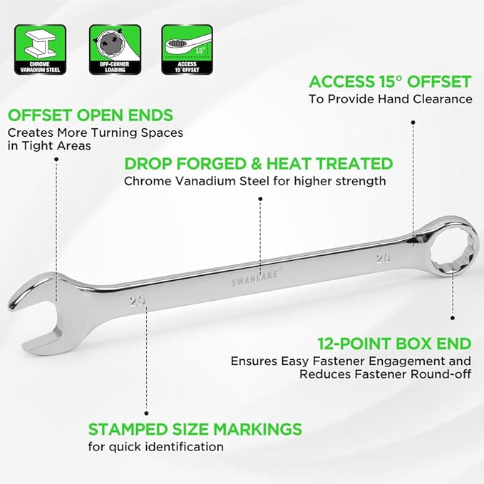 SWANLAKE GARDEN TOOLS 15-Piece Metric Wrench Sets, V Notch Premium Combination Wrench Set Metric 8-22mm, Max Torque, 12-Point, Chrome Vanadium Steel, with Storage Rack