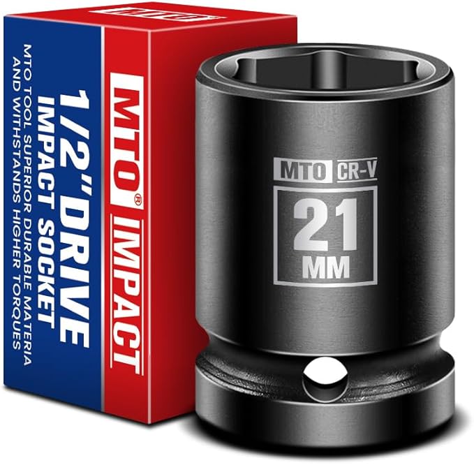 MTO 1/2" Drive 21mm Shallow Impact Socket, 6-Point Metric Socket for Automotive Maintaince, CR-V Steel Meets ANSI Standards