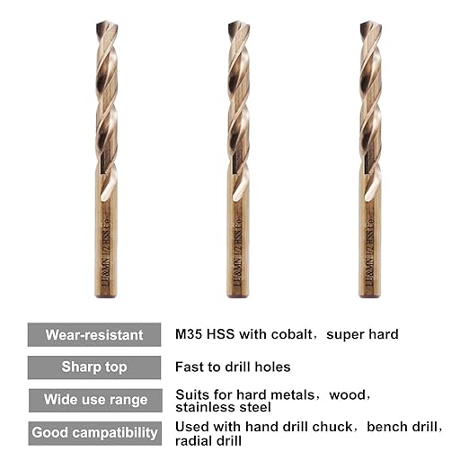 LU&MN 1/2 Inch Inch M35 Cobalt HSS Jobber Length Twist Drill Bit with Straight Shank,Heavy Duty, Pack of 5 PCS, Drilling for Cast Iron, Heat-Treated Steel, Stainless Steel and Other Hard Materials