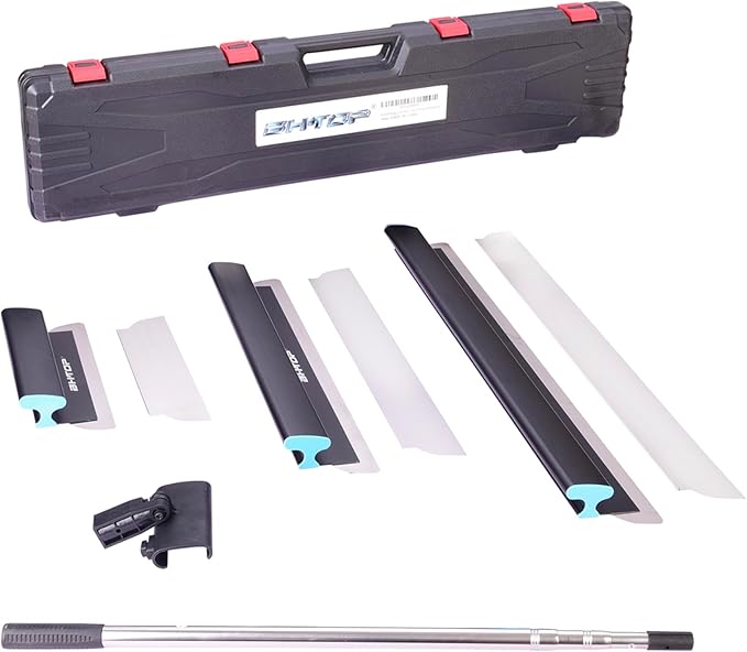 BHTOP Drywall Tools Skimming Blade with Extension Handle - 12", 20" & 32" Blades with 2 Pack 0.3 mm Blades, Construction Tools End Caps, Wall-Board with Outer Box in Black