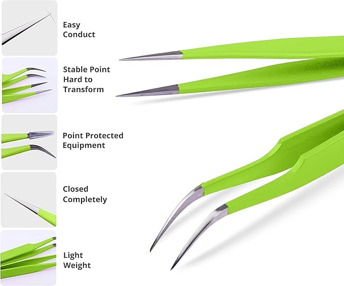 SIVOTE Lash Tweezers for Eyelash Extensions, Hand Calibrated Straight & Curved Tip, Pack of 2, Green