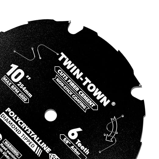 TWIN-TOWN PCDT1006 10 Inch 6 Tooth Polycrystalline Diamond Tipped (PCD) Hardie Fiber Cement Saw Blade with 5/8 Inch Arbor