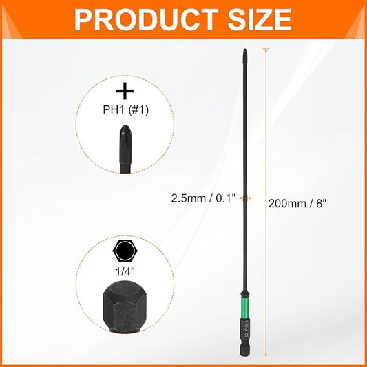 HARFINGTON 3pcs #1 Impact Phillips Screwdriver Bit PH1 1/4" Hex Shank 8" (200mm) Long 0.1" Rod Magnetic Cross Head Drill Bits S2 Steel Industrial Screw Driver for Impact Power Drivers