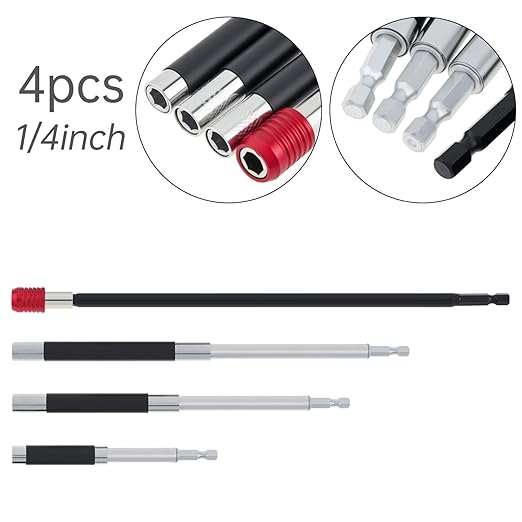 ChgImposs 4PCS Magnetic Drill Bit Extension Set ??300mm (12") Fixed + 80/120/140mm(3.15"/4.72"/5.51") Adjustable Magnetic Screwdriver Bit Holders, 1/4" Hex Quick Release Adapter