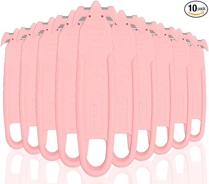 Safety Box Cutter, T TOVIA Sharp Durable Stainless Steel Concealed Blade Package Opener with Tape Splitter for Cartons, Cardboard, Wrap, Straps, Film (10 Pcs - Pink)