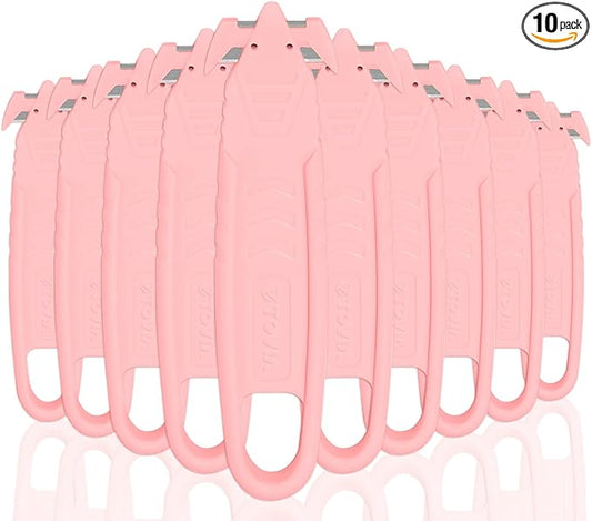 Safety Box Cutter, T TOVIA Sharp Durable Stainless Steel Concealed Blade Package Opener with Tape Splitter for Cartons, Cardboard, Wrap, Straps, Film (10 Pcs - Pink)