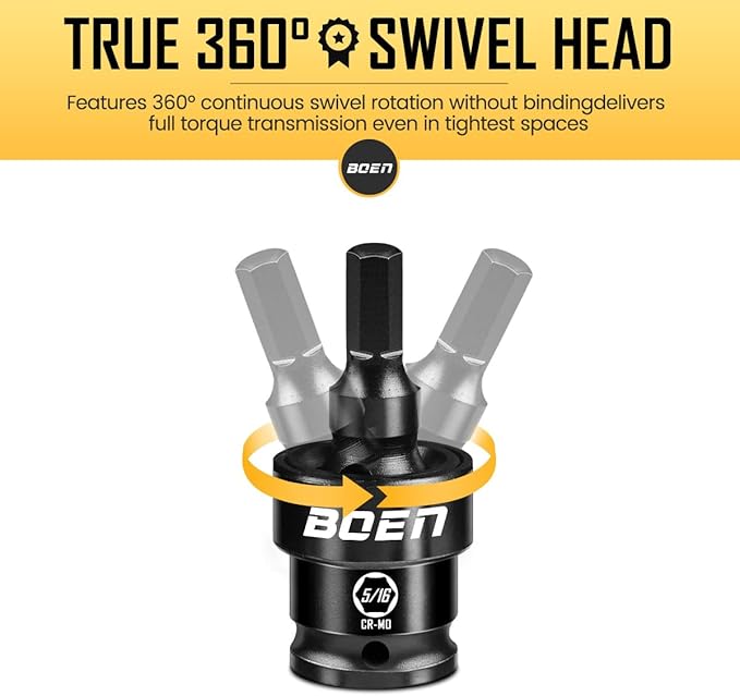 BOEN 8-Pieces Universal Hex Bit Driver Impact Socket, 1/2" Drive SAE Size (1/4", 5/16", 3/8", 7/16", 1/2", 9/16", 5/8" and 3/4") With Socket Rail, CR-MO Steel