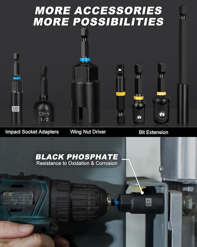 ROTATION 34-Piece Magnetic Impact Nut Driver Set, SAE&Metric Magnetic Nut Driver Bits with Deep Sockets, Adapters & Extension Bar, Professional Power Tool Accessories in Storage Case