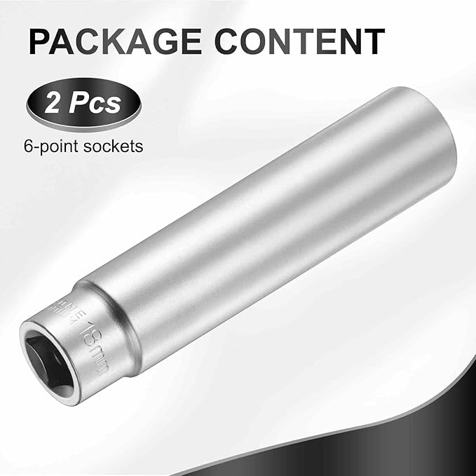 HARFINGTON 2pcs 6 Points Deep Socket 1/2" Drive 18mm Deep Metric CR-V Steel Polished Nickel Plating Flip Sleeve 120mm / 4.7" Extra Long Socket Tool for Home Auto Nuts Bolts Repair