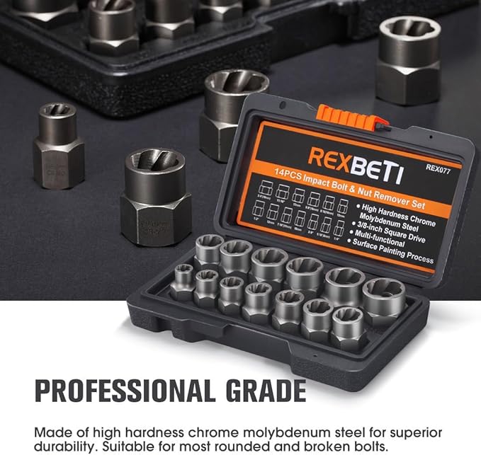 REXBETI Impact Bolt & Nut Remover Set, Bolt Extractor Tool Set with Solid Storage Case (14 pieces)