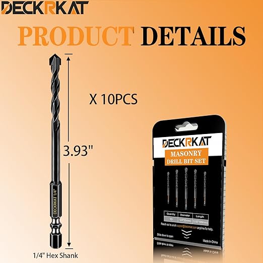 DECKRKAT 10-Piece 1/4" Carbide Masonry Drill Bits for Concrete, Brick, Tile - Black Hex Shank Set w/Heavy-Duty Case, Quick Change Fit Drill Driver