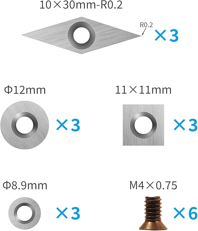 18 Pieces Tungsten Carbide Cutters Inserts Set for Wood Lathe Turning Tools Include 11 mm Square with Radius, 12 mm and 8.9 mm Round, 30 x 10 mm Diamond with Pointed Point,6 Pieces screws.
