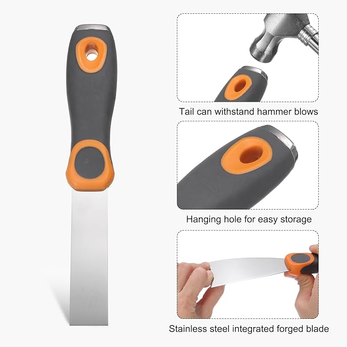 uxcell Putty Knife 1" Stainless Steel Paint Scraper Flexible Drywall Repair Mud Knife for Removing Cement Wallpaper Mud Adhesive Taping with Metal Hammer End