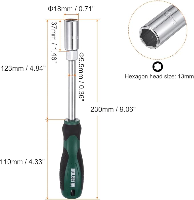 HARFINGTON Metric Nut Driver 13mm CR-V Non-Magnetic Tip Hollow Shafts Hex Socket Screwdriver with Non-Slip Handle for Automobile Repair