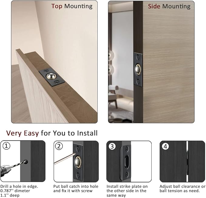 JQK Closet Door Ball Catch Hardware, Stainless Steel Catch Adjustable with Strike Plate, Black Finish 2 Pack, HBC100-BK-P2