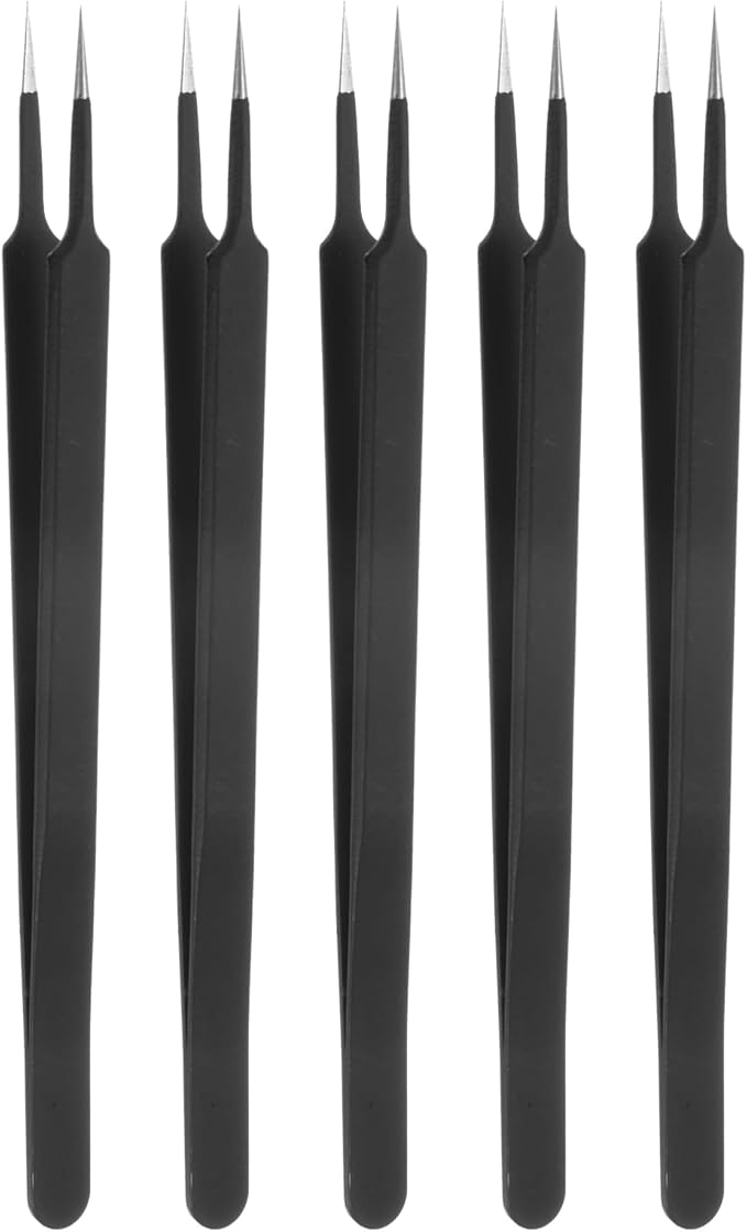 HARFINGTON 5pcs Stainless Steel Precision Tweezers 6.3 Inch Long Handle Pointed Tip Tweezers Multi Purpose for Craft Industrial Work Laboratory Use, Black