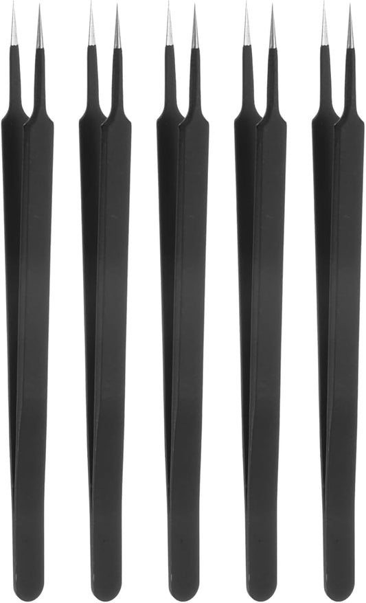 HARFINGTON 5pcs Stainless Steel Precision Tweezers 6.3 Inch Long Handle Pointed Tip Tweezers Multi Purpose for Craft Industrial Work Laboratory Use, Black