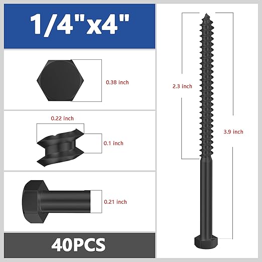 Lag Screws Wood Screws,(40PCS, 1/4"x4", Black) Hex Head Lag Bolts,(6x100) Heavy Duty Lag Screws,304 Stainless Steel Bolts 18-8
