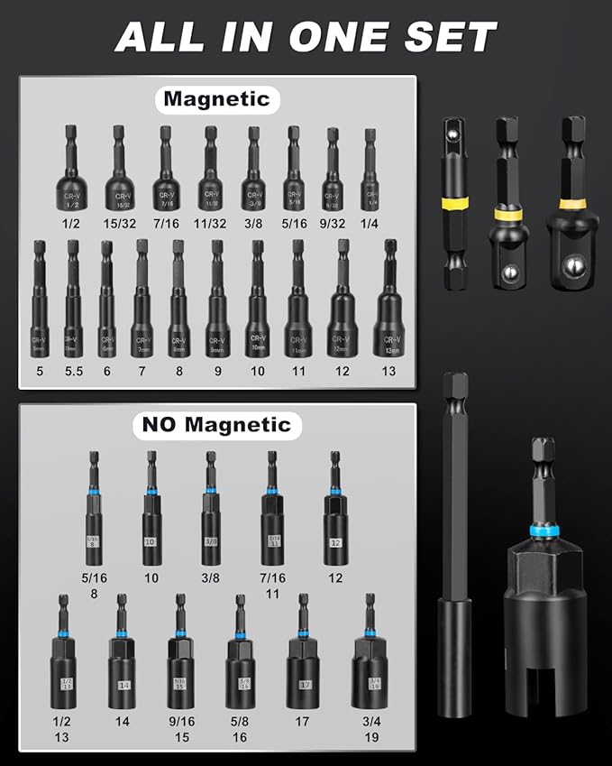 ROTATION 34-Piece Magnetic Impact Nut Driver Set, SAE&Metric Magnetic Nut Driver Bits with Deep Sockets, Adapters & Extension Bar, Professional Power Tool Accessories in Storage Case