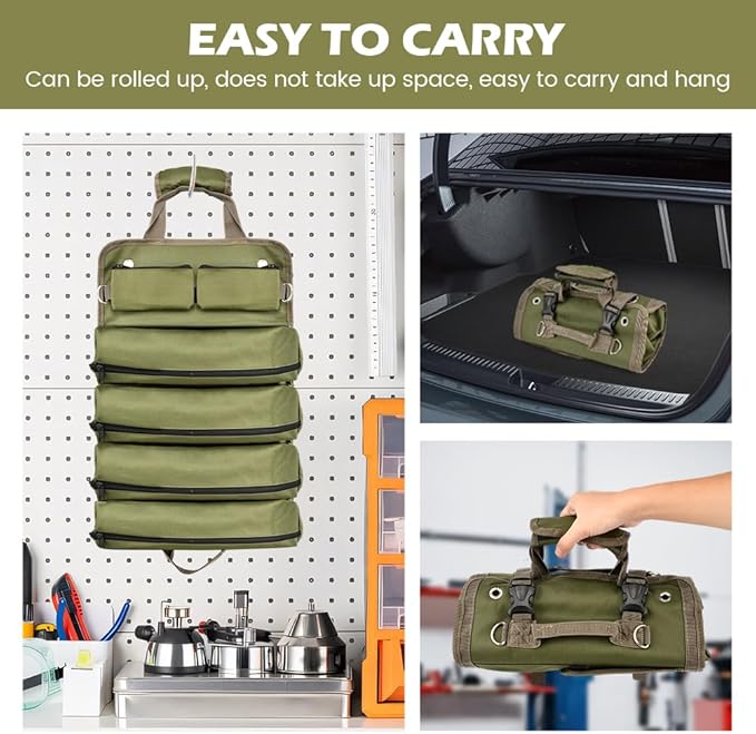 Roll Up Tool Bag, Heavy Duty Tool Organizer with 5 Compartments & 2 Detachable Pouches, Portable Foldable Waterproof Tools Bag for Dad Men Electrician Mechanic Gifts (COLOR:Green)