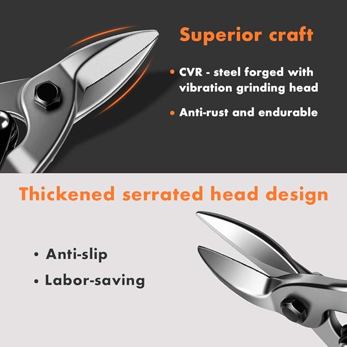 Finder 12" Aviation Snips, Long Straight Cut Tin Snips Cutting Shears Power Cutter with CR-V Blade & Comfortable Grip, 300mm Scissors for Cutting Metal Sheet, Hard Material, Industrial Quality