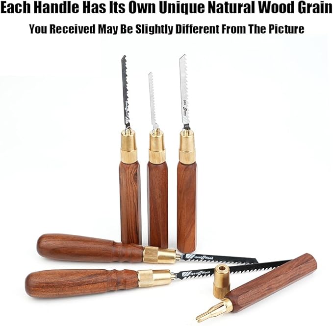 TOOLCOOL Wooden Handle Mini Hand Saw Small Jig Saw With 5 Pcs Fine Coarse Teeth Jigsaw Blades Woodworking Tools for Wood Cutting and Tree Branch Trimming (Hex Handle)