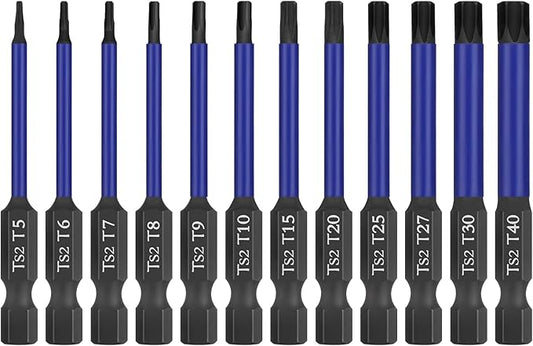 HPHOPE Professional Torx Bit Set 12 Piece, Screwdriver Bit Set T5 - T40, Length 65mm, 1/4??Hex Shank with Storage Box.