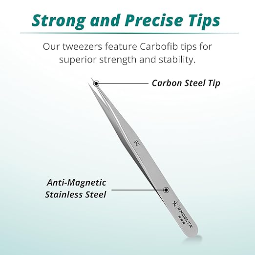 Excelta Straight Fine Point Tweezers, Carbon Steel, Flame Hardened Tips For General Assembly, 3.5" Length, Professional