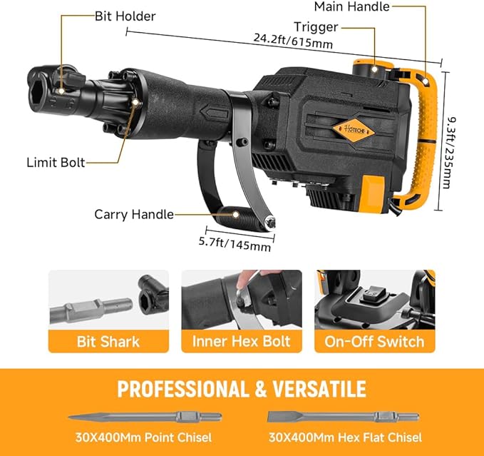 Hoteche 1800W Demolition Electric Jack Hammer 1800 BPM Heavy Duty Concrete Breaker with Point and Flat Chisel