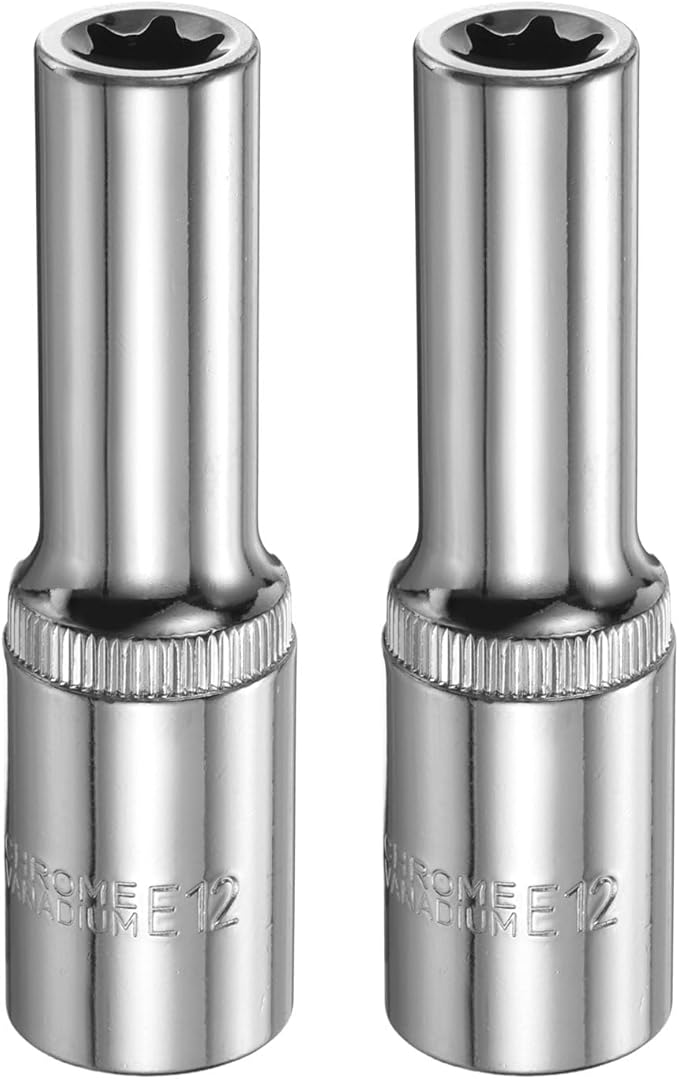 HARFINGTON 2pcs E-Torx Socket 1/2" Drive E12 Star Female Socket 3.1" Length External Torx Deep Sleeve Chrome Plating 6 Point Spline Sleeve for Auto Repairs Home Maintenance