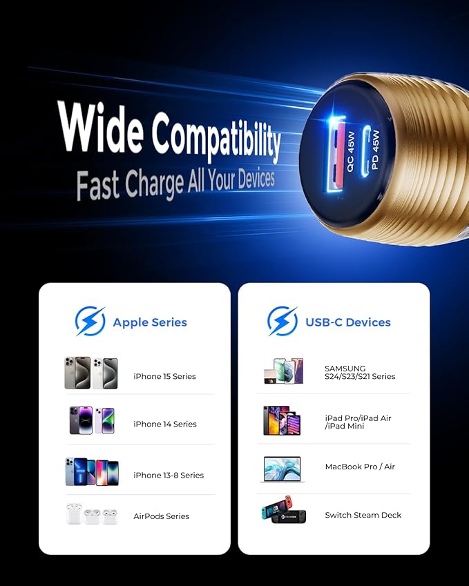 SUNDA 90W USB C Fast Car Charger, 2-Port Car Adapter, PD45W/QC45W QC 3.0 Phone Charger for iPhone 17/16 Pro/Max/iPhone 15/Laptop/Galaxy/Samsung S25/S24 (Gold)