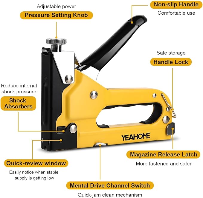 Upholstery Staple Gun Heavy Duty, YEAHOME 4-in-1 Stapler Gun with 4000 Staples, Manual Brad Nailer Power Adjustment Stapler Gun for Wood, Crafts, Carpentry, Decoration DIY
