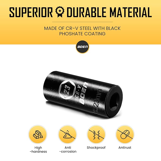 BOEN 1/2" Drive Deep Impact Sockets, Premium Impact Socket, 23mm Socket, Metric, 6 Point, Cr-V Steel with Laser Marking - Strong and Durable