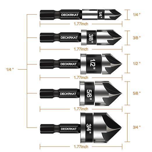 5 Pcs Countersink Drill Bit Set, 82 Degree, 5Flute with 1/4??Quick Change Hex Shank, Sizes 1/4??to 3/4??for Metal, Wood & Plastic, Ideal for Carpentry, Metalwork, Plastic Fabrication