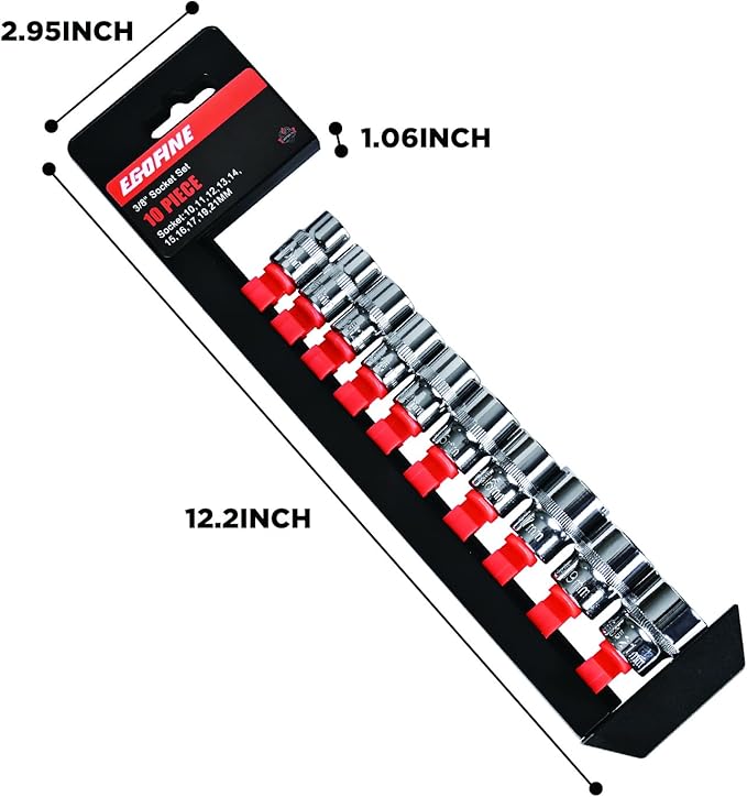Egofine 10PCS 3/8??Drive Standard Socket Set,Shallow,Metric竊?0-21mm,6 Point Socket Set With Hanging Bracket,Cr-V Steel