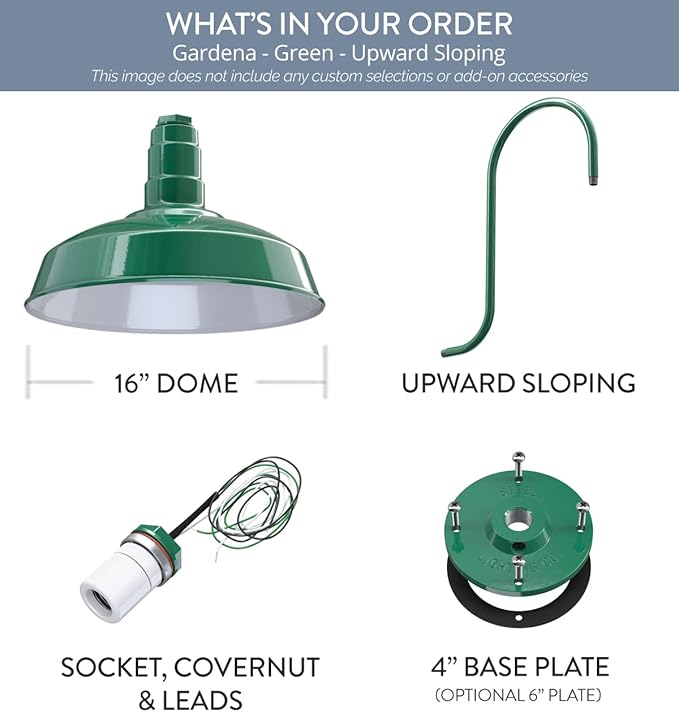 Steel Lighting Co. | Dusk to Dawn | Gardena Barn Light | Outdoor Wall Mounted | 16" Dome | Upslope Gooseneck | Farmhouse Light Made in America | Green Exterior/White Interior