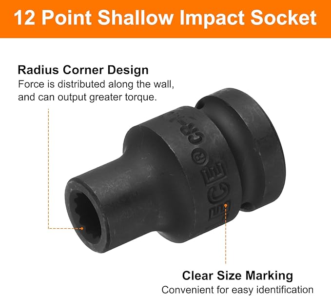 uxcell 1/2" Drive x 8mm Shallow Impact Socket 12-Point Metric CR-MO Steel Nut Impact Grade Socket for Auto Repair
