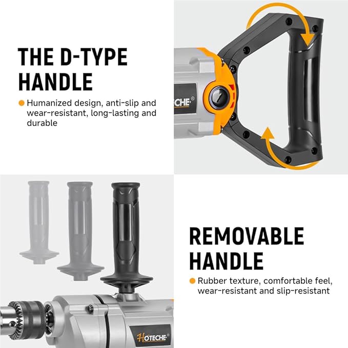 Hoteche 9.2-Amp Electric Drill, 5/8-Inch Chuck with Spade Handle & Extra Side Handle