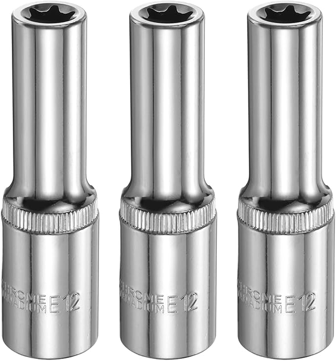 HARFINGTON 3pcs E-Torx Socket 1/2" Drive E12 Star Female Socket 3.1" Length External Torx Deep Sleeve Chrome Plating 6 Point Spline Sleeve for Auto Repairs Home Maintenance