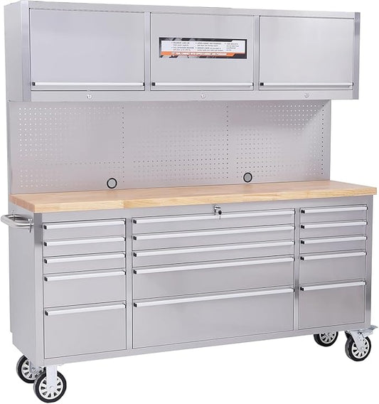 72 inch Tool Chest, Tool Box Mobile 15 Drawers, Storage Rolling Cabinet with Wheels, Lock Key Locking System Drawer Liners for Garage, Warehouse, Repair Shop