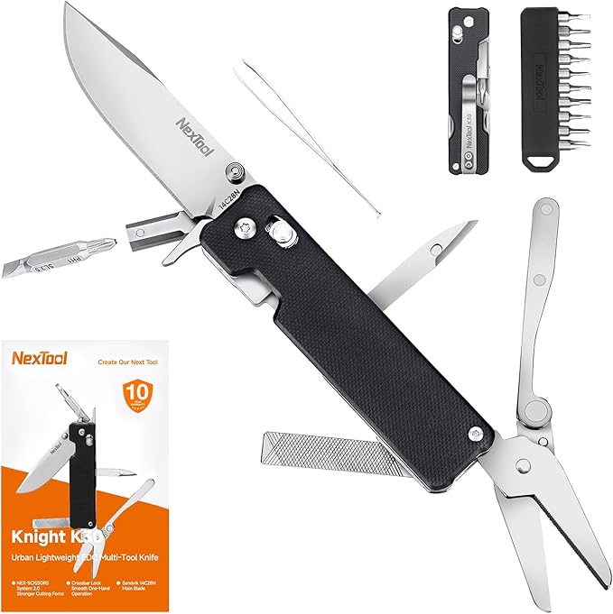 NexTool Knight K30 Multitool,11-in-1 Pocket Knife Multi tool with Axis Lock,Serrated Scissors,Tweezers,Awl,4mm 10-in-1 Bit Set for DIY?갧epairs?갍ifts