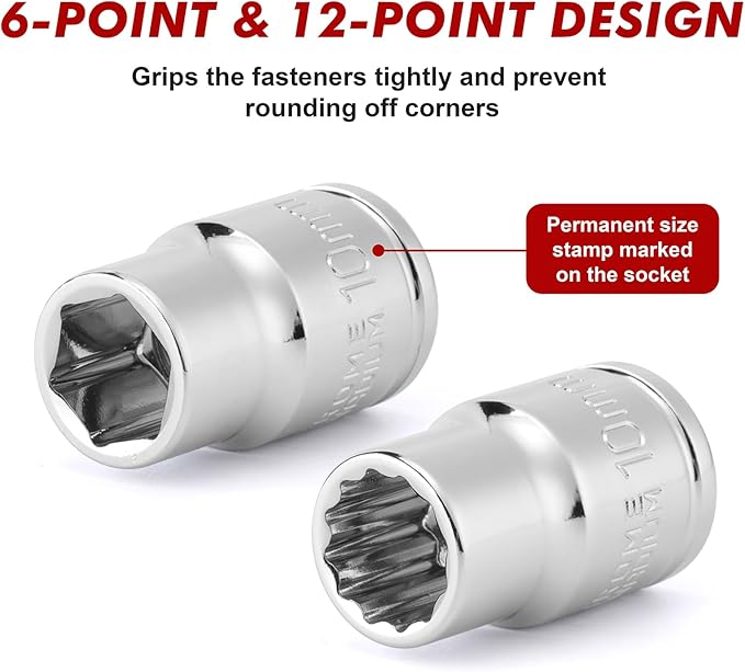 CASOMAN 104 PCS 3/8" Drive Master Impact Socket and Flex Socket Set, Include Deep, Mid-Length, Shallow & Stubby Socket, 6-Point & 12-Point, Metric, CR-V