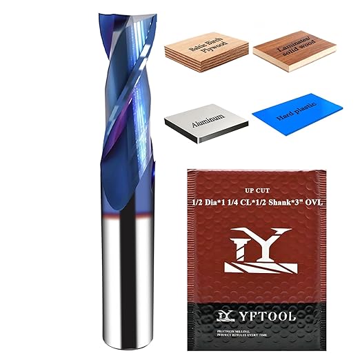 1/2 Shank Spiral Upcut Router Bit with Nano Blue Coating Carbide Two Flute Up Cut Router Bit for Wood MDF Aluminum Carving Engraving CNC Endmill 1/2 Cut Diameter, 1-1/4" CL, 3" OVL