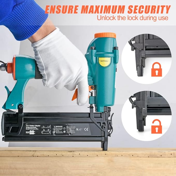 Pneumatic Brad Nailer - 18 Gauge 2-in-1 Nailer, 5/8'' to 2'' Brad Nails and 5/8'' to 1-5/8'' Crown Staples, Safety Glasses and 1000pcs Nails, for Carpentry, DIY, Woodworking