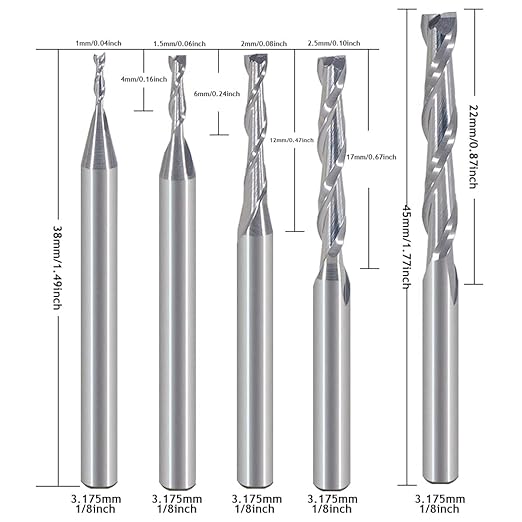 HOZLY CNC Router Bits Set 1/8" Shank, Two Flutes Upcut Spiral (CED: 1mm 1.5mm 2.0mm 2.5mm 3.175mm), Carbide End Mill for PVC Wood Carving Engraving MDF Cutting, 10 PCS