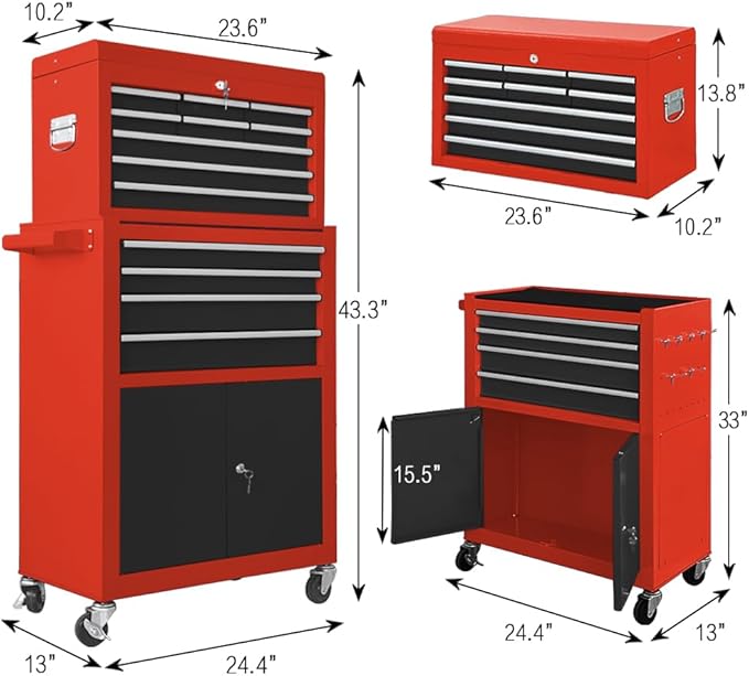 13-Drawer Tool Chest with Double Door and wheels, Large Detachable Toolbox with Sliding Drawers, Mechanic Tool Box Storage Cabinets, Metal Tool Cart for Garage Workshop (RED＆BLACK)