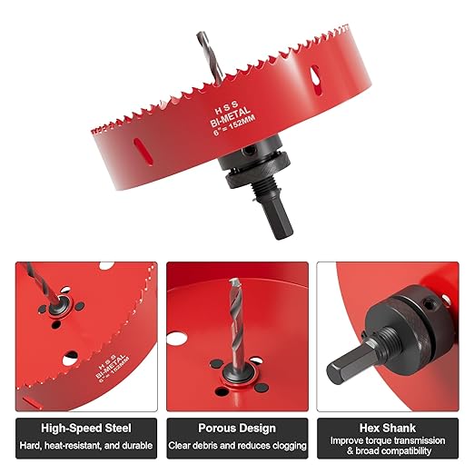 6" (152mm) Bi-Metal M42 High Speed Steel Hole Saw with Pilot Drill Bit, Smooth Cutting Edge for PVC, Drywall, Wood, Plastic, Gypsum Board, Rubber, Thin Metal