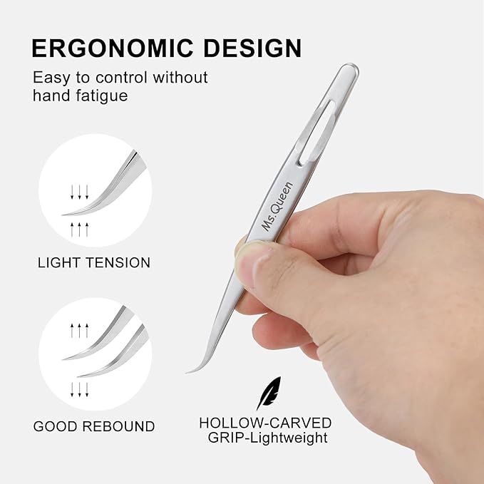 Ms.Queen Tweezers for Eyelash Extensions,Precision Curved Lash Tweezers for Volume, Isolation and Classic Lashes Extensions Applying