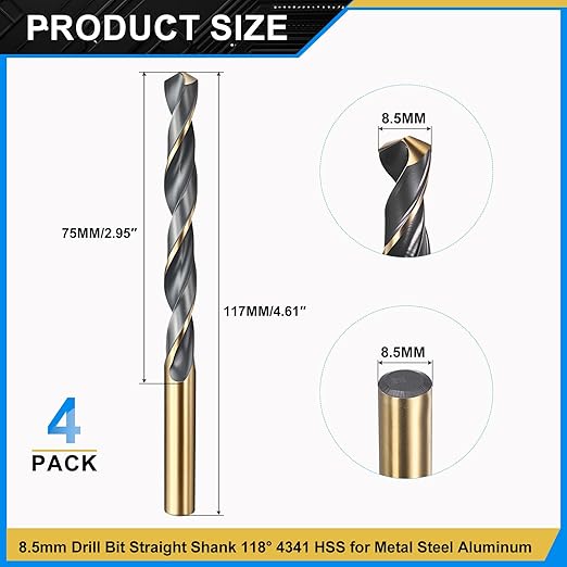 PATIKIL 8.5mm Drill Bit, Jobber Straight Shank 4341 High-Speed Steel 118째 Black and Gold Finish for Medium-Hard Metal Steel Acrylic - 4 Pack